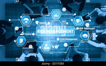 This image illustrates modern risk management concepts through various digital icons, showcasing the importance of assessment, control, and crisis Stock Photo