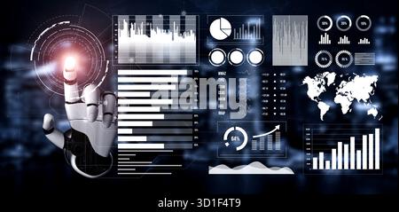 Futuristic Display of Data Analytics with Robotic Hand Interacting with Digital Charts and Statistics Impute. Stock Photo