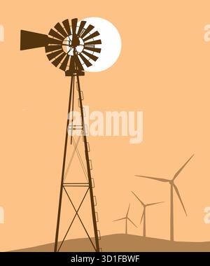 An old windmill, used one time to pump water out of a well, is silhouetted against the evening sky and a rising moon yesterday. Modern wind turbines a Stock Vector