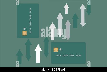 Two mock credit or debit cards are seen with arrows indicating up and down in a vector images about credit cards. Stock Vector
