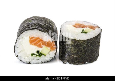 Maki sushi, two rolls isolated on white. Philadelphia cheese, nori, salmon, green onion and cucumber Stock Photo