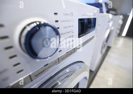 Closeup of a control panel of modern white washing machine Stock Photo