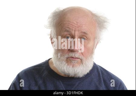 Calm and sad depressing old bald man isolated portrait isolated on white Stock Photo