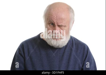 Dissatisfied and displeased old bald man isolated portrait isolated on white Stock Photo
