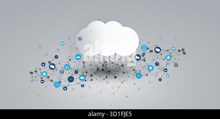 Futuristic Cloud Computing Design Concept with 3D Polygonal Mesh, Cluster, Nodes, IoT Icons and White Cloud Symbol. Global Digital Network Connections Stock Vector