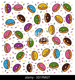 Sweet Donut Delight Pattern with Colorful Sprinkles. Seamless Bakery Dessert Background Design Stock Vector