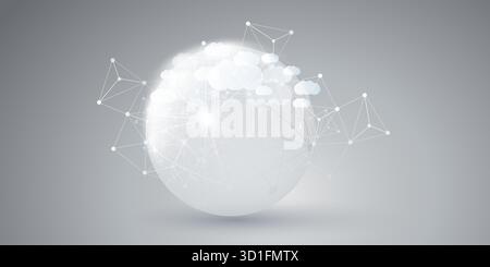 Grey and White Cloud Computing Design Concept with Simple Solid Globe and Clouds - Digital Polygonal Network Connections, Technology Background, Minim Stock Vector