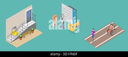 3D Isometric Flat Illustration of Disabled People In Social Environment, Accessible City Environment Stock Photo