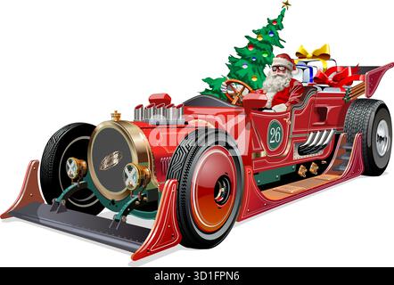 Vector Santa Claus drivingChristmas custom fiction retro race car concept. Available EPS-10 format separated by groups and layers for easy edit Stock Vector
