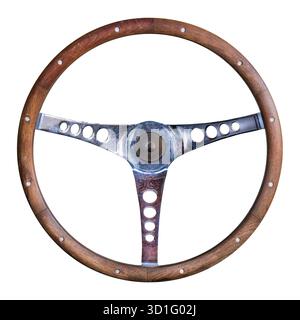 Antique wooden and chrome classic car steering wheel isolated on a white background Stock Photo