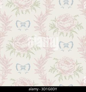 Floral Seamless Pattern Toile De Jouy Vintage Vector repeat delicate pink peony bloom. Vector illustration Stock Vector