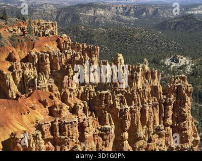 Close-up of textured red rock walls and sweeping views across green valleys, Bryce Canyon National Park is located in southwestern Utah in the United Stock Photo