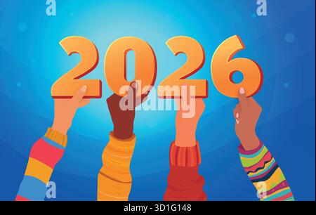 Hands of diverse people holding 2026 numbers celebrating New Year together in unity and joy Stock Vector