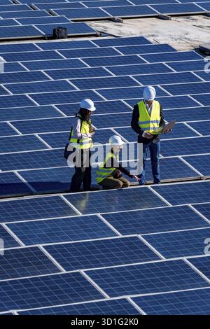 Engineers and technicians inspecting solar panels on a large solar farm, collaborating and discussing renewable energy production data for sustainable Stock Photo