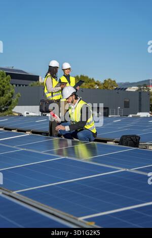 Engineers in hard hats and safety vests are examining solar panels on a rooftop, checking efficiency and ensuring proper function of the renewable ene Stock Photo