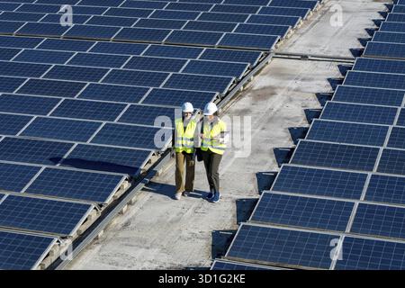 Two engineers, a man and a woman, are working outdoors, reviewing plans and inspecting rows of solar panels on a large rooftop array, embodying renewa Stock Photo