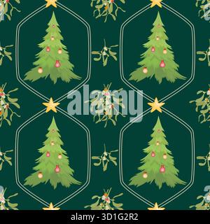 Seamless Christmas tree and mistletoe pattern 2026 Stock Vector