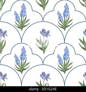 Elegant seamless vector pattern with large lavender and iris flowers on white background, perfect for textile, wallpaper, and decorative design projec Stock Vector