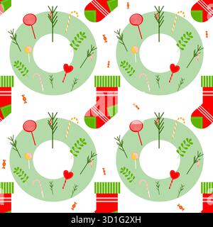 Christmas seamless pattern with wreaths and stockings 2026 Stock Vector