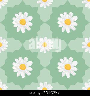 Seamless pattern with white daisies of different sizes on green background Stock Vector