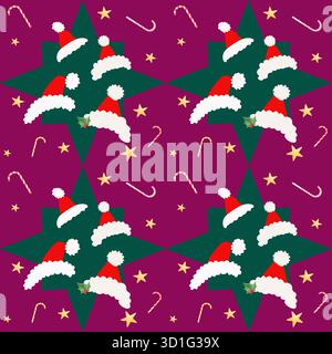 Seamless Christmas pattern with Santa hats, stars, and candy canes on purple background Stock Vector