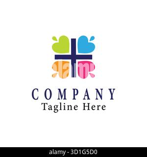 Colorful abstract business logo design with four heart leaves and blue cross, modern corporate branding identity concept, creative vector icon Stock Vector