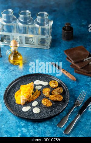 Roasted chicken, potatoes, and white sauce creating a delicious meal on a textured blue background Stock Photo