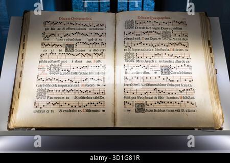 Open view of an ancient musical manuscript, showing handwritten notes and text Stock Photo