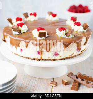Kinder Chocolate Cheesecake with Raspberries – Homemade Dessert Stock Photo