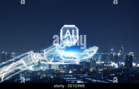 Concept of artificial intelligence. Glowing robotic hand and AI symbol over cityscape at night, representing innovation, digital transformation, and s Stock Photo