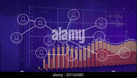 Displaying white circle user icons connecting lines on analytics dashboard, with colored bar charts Stock Photo