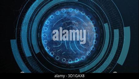 Displaying globe with fingerprint pattern and elements in scifi UI over network grid Stock Photo