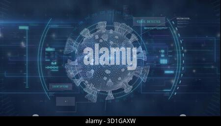 Displaying 3D wireframe virus model with spikes at center of virtual interface, with HUD overlays Stock Photo