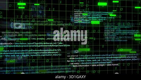 Streaming green binary digits across dark grid lines with white code snippets and rectangular bars Stock Photo