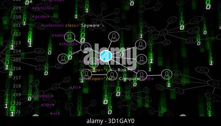 Displaying highlighted central avatar node linking avatars in cyber network, with binary digits Stock Photo