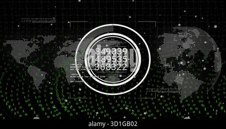 Displaying central HUD circles showing numeric values on screen, dotted world map, binary code Stock Photo