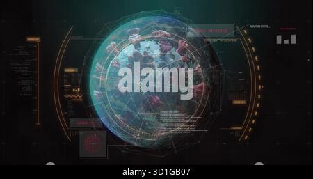 Displaying virus sphere spinning in digital hologram, with spike proteins, wireframe, data panels Stock Photo