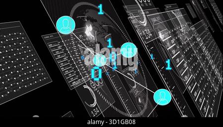 Displaying main panel presenting world map and cyan nodes in network dashboard, with translucent UI Stock Photo