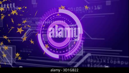 Displaying purple ringed gauge showing number 50 on digital screen, with code lines and gold stars Stock Photo