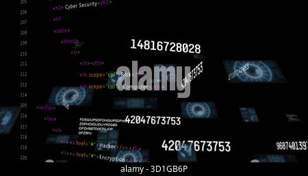 Displaying floating HTML fragments and numeric sequences in dark void, with holographic panels Stock Photo