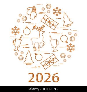 Christmas 2026 festive illustration with reindeer, gifts, mittens, and trees in circular layout vector Stock Vector