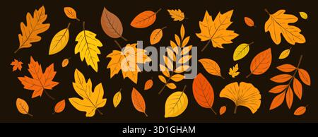 Autumn golden, red and orange leaves highlighted on a brown background. Stock Vector