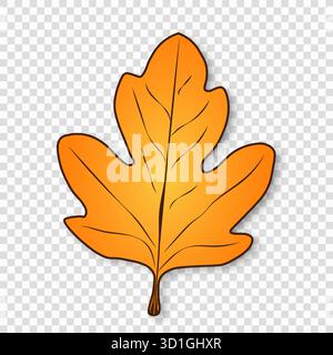 Autumn orange-yellow fallen leaf with veins and shadow on a transparent background. Stock Vector