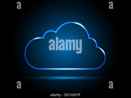 Neon cloud with highlights. Neon digital cloud icon on a black and blue background. Stock Vector