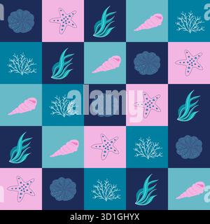 Seamless checkered pattern inspired by the underwater world, featuring seashells, corals, starfish, sea plants and abstract marine elements in blue, teal and pink tones for textile and decor. Stock Vector