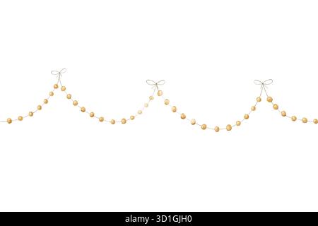 Watercolor illustration of a seamless border with beige beads arranged in a wavy horizontal pattern, finished with bows. Useful for planner, card maki Stock Photo