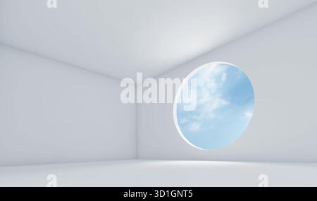 Abstract white interior background, empty room with round light window. 3d render illustration Stock Photo