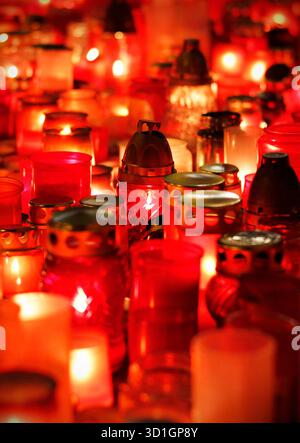 Dozens of red candles burning in memory of the Day of the Fight for Freedom and Democracy celebrated in the Czech Republic on 17th of November Stock Photo