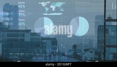 Displaying transparent data overlay through high-floor downtown office window, with grid overlays Stock Photo