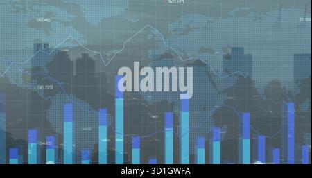 Presenting dashboard overlaying skyline silhouette, with bars, line graph, dotted world map, labels Stock Photo